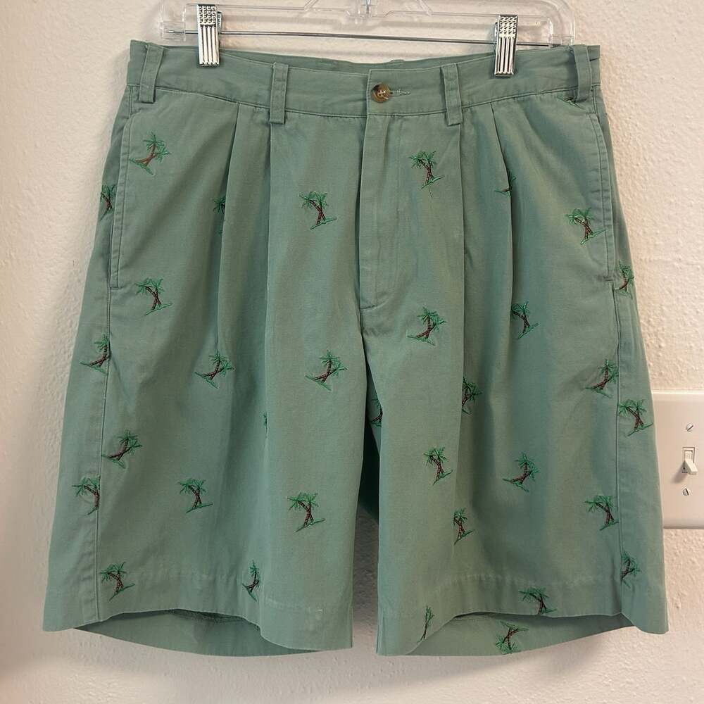 Orvis Vintage Chino Bermuda Shorts Men 32W 9" Pleated Green Palm Trees Beach